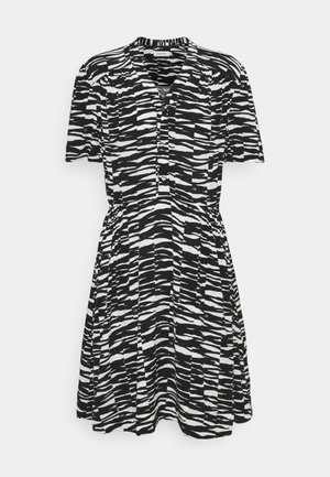 Black and white zebra print short-sleeve dress with button-front, collared neckline, fitted waist, and flared skirt.