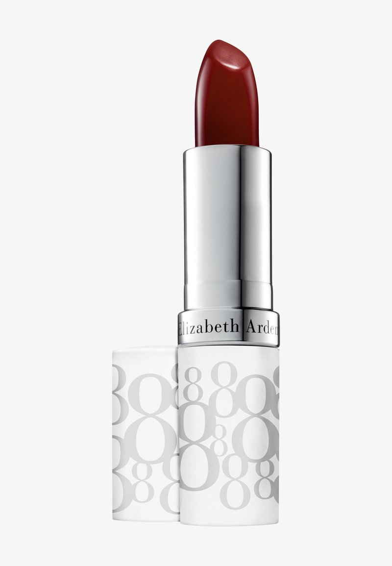 Elizabeth Arden Lippenstift in einer silbernen und weißen Hülse mit grauem Zahlenmuster, Deckel abgenommen, zeigt einen dunkelroten Lippenstift.