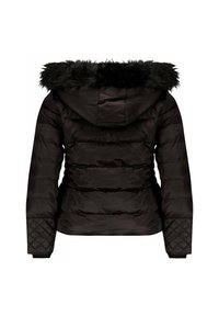 Doudoune noire avec une capuche à fourrure, manches matelassées et coutures horizontales sur le corps pour l'isolation et la texture.