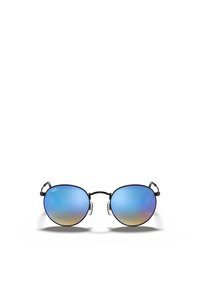 Occhiali da sole in stile black metal con lenti ovali e tonalità blu sfumate. Cuscinetti nasali trasparenti attaccati a bracci sottili, design semplice.