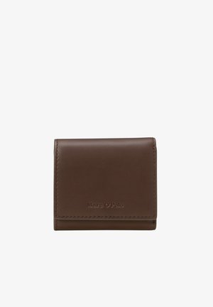 Brown leather wallet with a smooth texture, bi-fold design, and embossed branding on the front. Compact and clean lines.