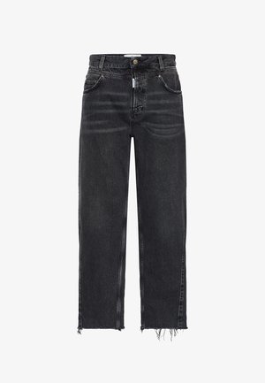 Augstās jostas vietas, platās kājas džinsi izsistā melnā denima. Nodilumiem pakļauta izsistā apakšmala un klasiskā piecu kabatu dizains. Viegls teksturēts virsmas apdare.