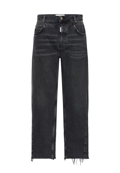 High-waisted, široke jeans hlače v zbledeli črni denimu. Uničen rob z raztrganim zaključkom in klasičnim petimi žepi. Rahlo teksturirana površina.