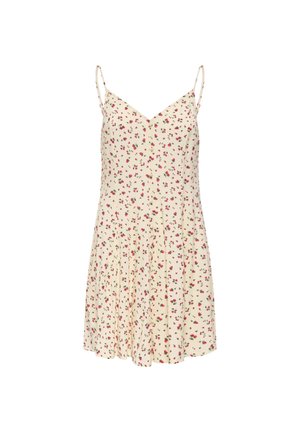 Krémové šaty bez rukávov s tenkými ramienkami a malým červeno-zeleným kvetinovým vzorom, s výstrihom do V a zapínaním na gombíky vpredu.