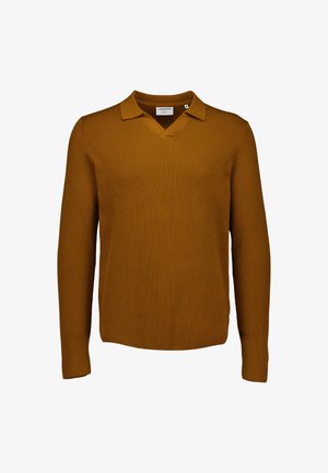 Mosterdgekleurige polo met lange mouwen en een ribbelstructuur, met een v-hals en een rechte zoom. Etiket zichtbaar bij de halslijn.