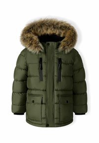 Olivenfarbene Puffy-Jacke mit abnehmbarem, pelzgefüttertem Kapuzenrand, zwei vorderen Taschen und schwarzen Reißverschlussakzenten. Gequiltete Textur insgesamt.