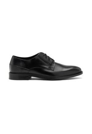 Schwarze Leder- Schuh mit glatter Oberfläche, runder Zehenpartie, Schnürdesign und einem niedrigen Blockabsatz. Verfügt über einfache, minimalistische Linien.
