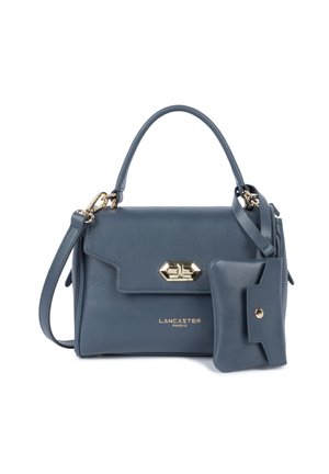Blauwe leren Lancaster Paris handtas met een bovenhandvat, gouden sluiting, afneembare schouderband en een bijpassend klein tasje eraan bevestigd.