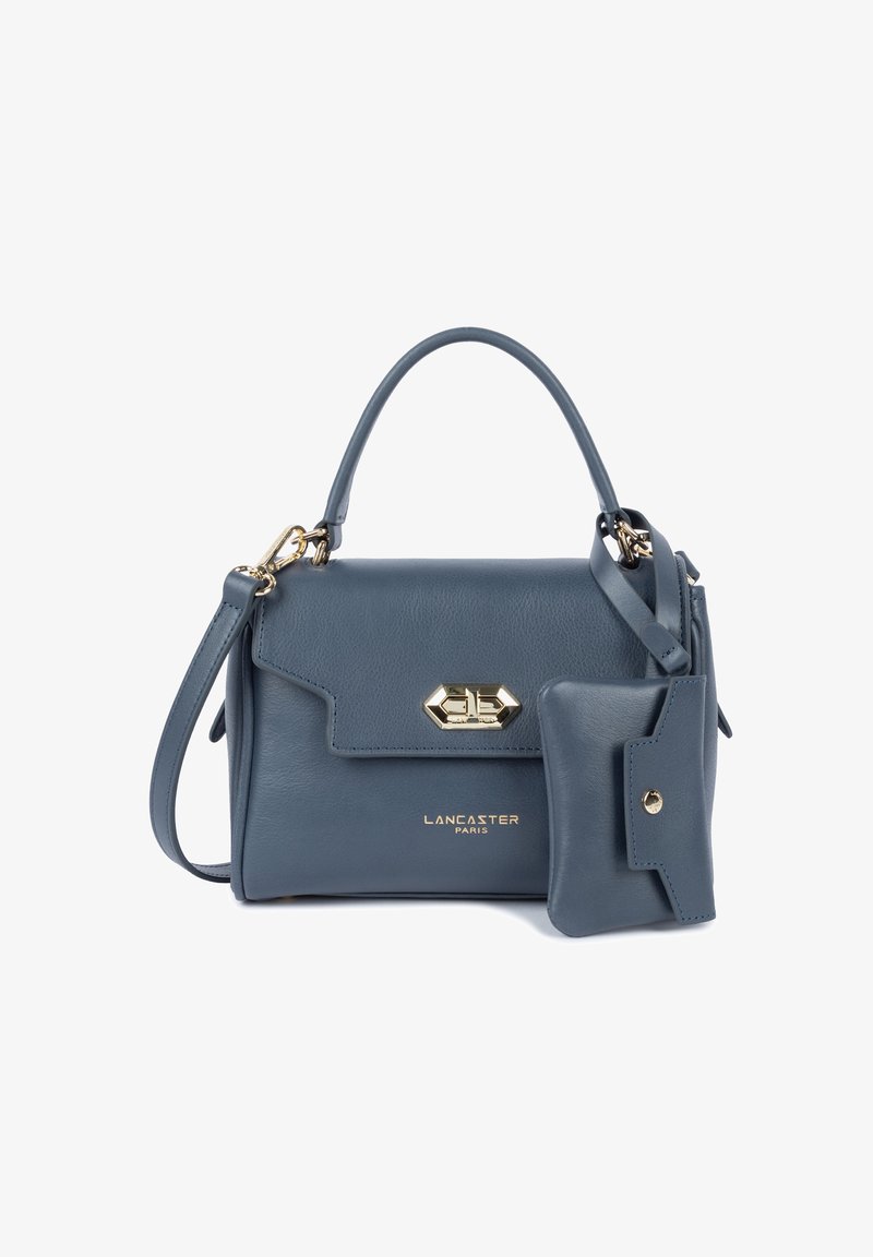 Borsa in pelle blu Lancaster Paris con manico superiore, chiusura in oro, tracolla removibile e borsetta coordinata attaccata.