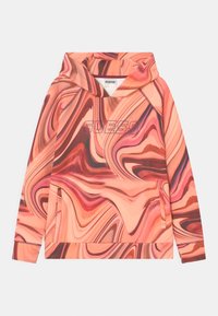 Bluza z kapturem w wirujący wzór w odcieniach różu i pomarańczy, z kieszenią z przodu oraz logo "GUESS" w tłoczonym wykończeniu.