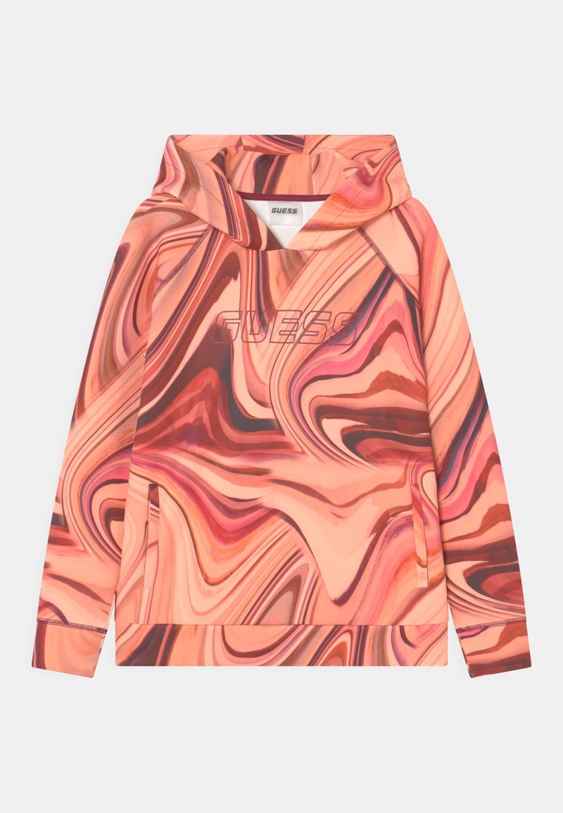 Bluza z kapturem w wirujący wzór w odcieniach różu i pomarańczy, z kieszenią z przodu oraz logo "GUESS" w tłoczonym wykończeniu.