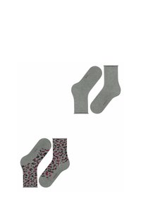 Graue Socken mit einem Gepardenmuster in Dunkel- und Hellrosa bei einem Paar und einfarbig grau bei dem anderen, mit einem gerippten Bund.