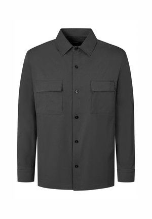 Dark gray button-up shirt with long sleeves, two flap chest pockets, and a classic collar, shown front-facing on a plain background.