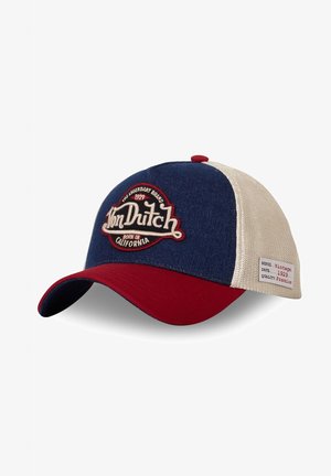 Casquette de baseball avec un devant bleu, une visière rouge et un dos en mesh beige. Présente un logo brodé avec du texte. Étiquette sur le côté avec des détails.