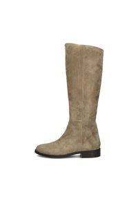 Kniehoge laarzen van beige suède met een stevige textuur en een ronde neus. Stevige zwarte zool met minimale accenten voor een strakke uitstraling.