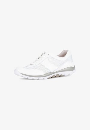 White athletic sneaker with mesh panels, lace-up closure, cushioned collar, and flexible white sole with gray accents.