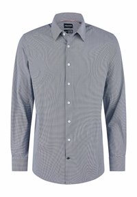 Heren overhemd met lange mouwen in een marineblauw en wit ruitpatroon. Heeft een klassieke kraag, volledige knopenlijst en een afgeronde zoom. Gemaakt van geweven stof.