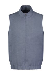 Grau melierte Weste mit Reißverschluss und hohem Kragen, aus strukturiertem Stoff, mit seitlichen Taschen und einem gesmokten elastischen Saum am unteren Rand.