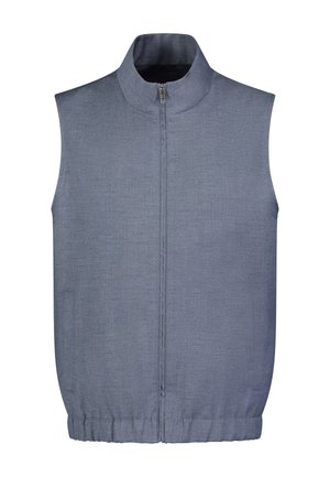 Grijze zip-up bodywarmer met een hoge kraag, gemaakt van gestructureerde stof, met zijzakken en een geplooide elastische zoom aan de onderkant.