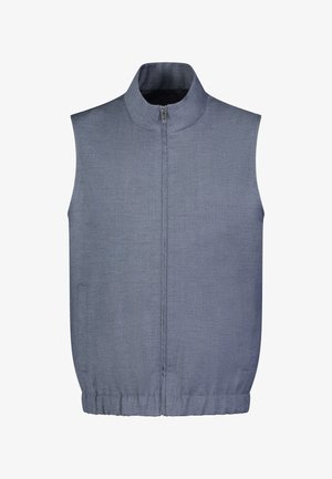 Grijze zip-up bodywarmer met een hoge kraag, gemaakt van gestructureerde stof, met zijzakken en een geplooide elastische zoom aan de onderkant.