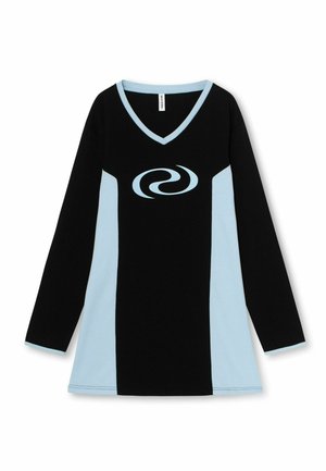 Long-sleeve dress in black and light blue. Features a V-neck and a swirl logo in the center. Soft fabric, relaxed fit, and contrast accents.
