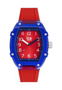 Blaues Plastikarmband mit rotem Ziffernblatt, großen weißen Zahlen und einem strukturierten roten Gummiarmband. Hat silberne Akzente und ein rechteckiges Design.