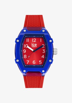 Blaues Plastikarmband mit rotem Ziffernblatt, großen weißen Zahlen und einem strukturierten roten Gummiarmband. Hat silberne Akzente und ein rechteckiges Design.