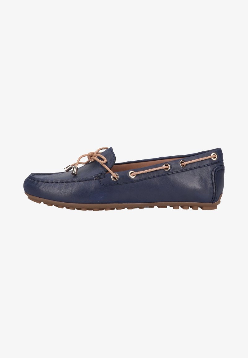 Mocassin en cuir bleu marine avec lacets beige, bout arrondi et accents métalliques. Dispose d'une semelle en caoutchouc texturée avec de petites protubérances pour l'adhérence.