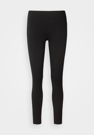 Schwarze Leggings aus elastischem Stoff mit nahtlosem Bund, figurbetontem Design und glatter Textur, geeignet für verschiedene Aktivitäten.