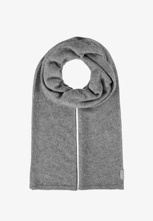 Szary, dziany szalik z miękkiego materiału, charakteryzujący się prostym wzornictwem, gładką fakturą i małą metką marki na jednym końcu.