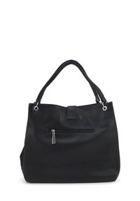 Zwarte leren handtas met een gestructureerde afwerking, dubbele handvatten aan de bovenkant, een ritsvak aan de voorkant en een magneetsluiting.