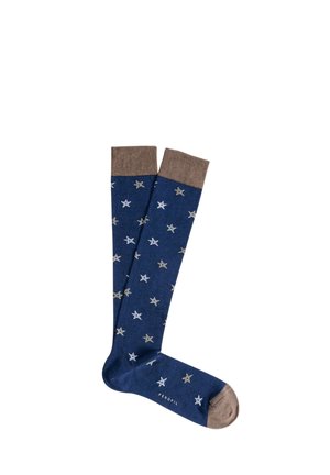 Coppia di calzini navy al ginocchio con punte e bordi beige, decorati con motivi a stella bianchi e beige.