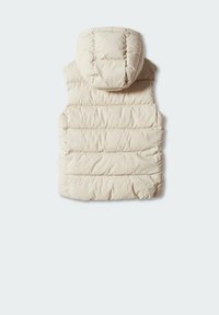 Beige gepolsterte Weste mit Kapuze, versehen mit horizontalen Nähten, einer weichen Textur und Seitentaschen. Geeignet für legere Anlässe.