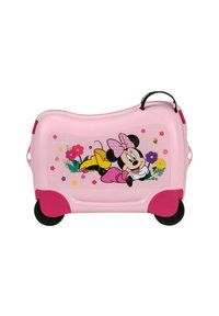 Maleta rosa para niños con ruedas, que presenta un gráfico de un personaje de Disney, patrones florales, una textura de plástico suave y un asa lateral.