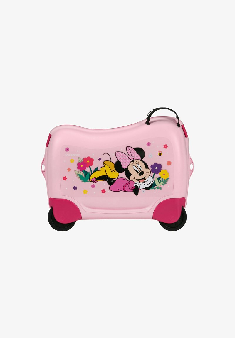 Valigia rosa per bambini con ruote girevoli, caratterizzata da una grafica di personaggi Disney, motivi floreali, una texture di plastica liscia e una maniglia laterale.