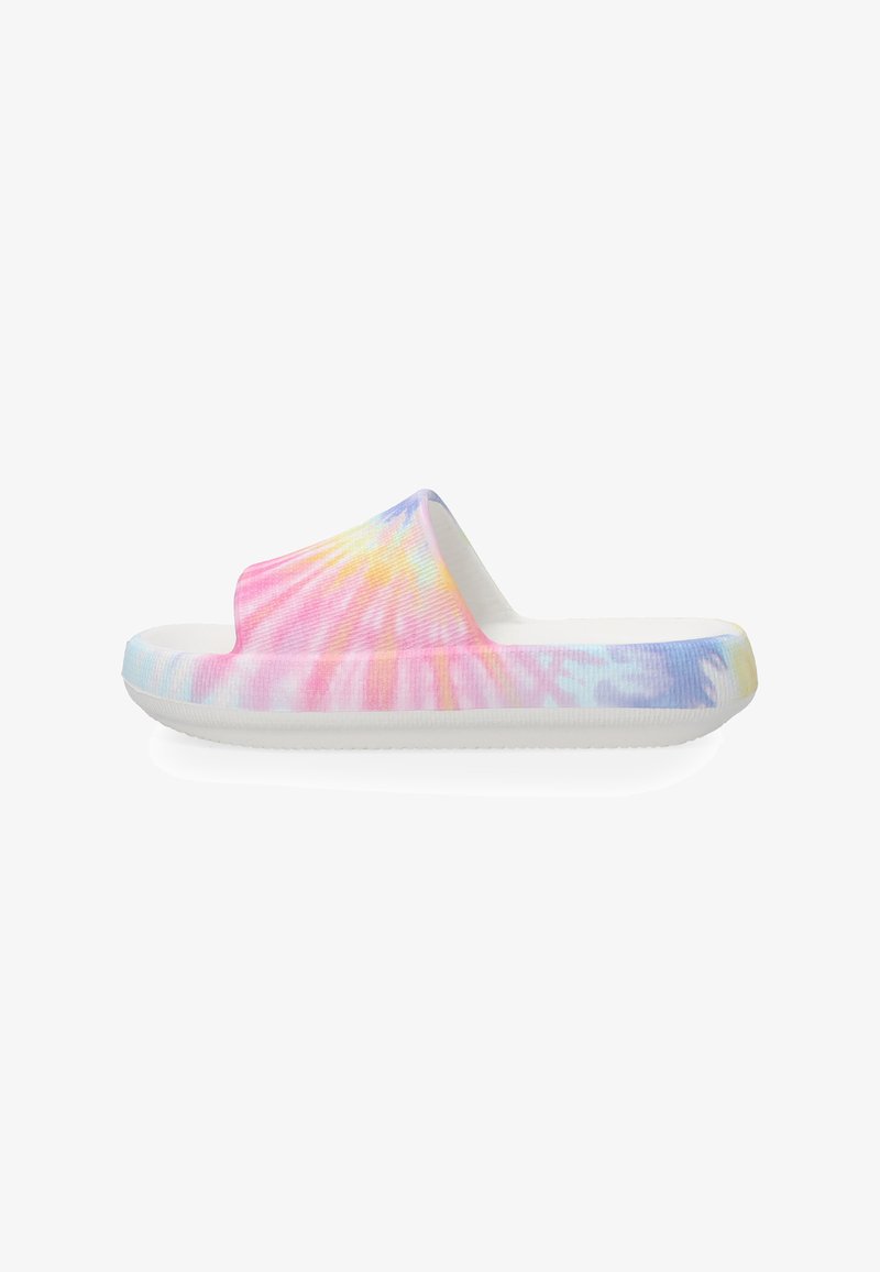 Slide sandal med et tie-dye mønster i pastel nuancer af pink, blå og gul, med en glat hvid sål og åbent design.