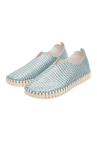 Light blue slip-on shoes with a textured snake print pattern, featuring a beige rubber sole and stitched edges for durability.