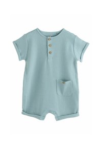 Lyseblå ribbet short-sleeve romper med rund hals, fire-knaps placket, brystlomme og trykknaplukninger i bunden.