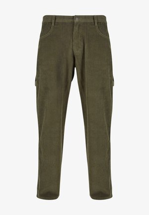 Olivgrüne Corduroy-Hosen mit geradem Schnitt, Fronttaschen und seitlichen Taschen im Cargo-Stil. Vertikale Rippstruktur über die gesamte Länge.