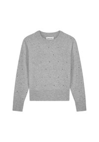 Lichtgrijs sweater met lange mouwen en kleine zwarte kraalversieringen gelijkmatig verspreid over de voorkant en mouwen, met geribbelde mouwen en onderrand.