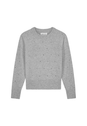 Lichtgrijs sweater met lange mouwen en kleine zwarte kraalversieringen gelijkmatig verspreid over de voorkant en mouwen, met geribbelde mouwen en onderrand.