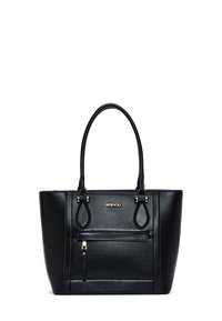 Sac fourre-tout en cuir noir avec poignées doubles, poche zippée à l'avant et quincaillerie dorée. Présente un design structuré et une texture lisse.