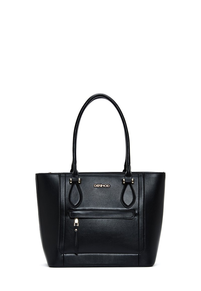 Sac fourre-tout en cuir noir avec poignées doubles, poche zippée à l'avant et quincaillerie dorée. Présente un design structuré et une texture lisse.