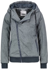 Veste matelassée grise zippée avec capuche, cordons, deux poches zippées, poignets côtelés avec trous pour le pouce et doublure sombre.