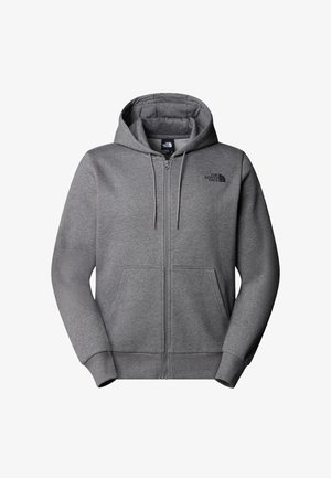 Grå zip-up hoodie med snørehætte, frontlommer og logo på venstre bryst. Fremstillet af blødt, struktureret stof for komfort.