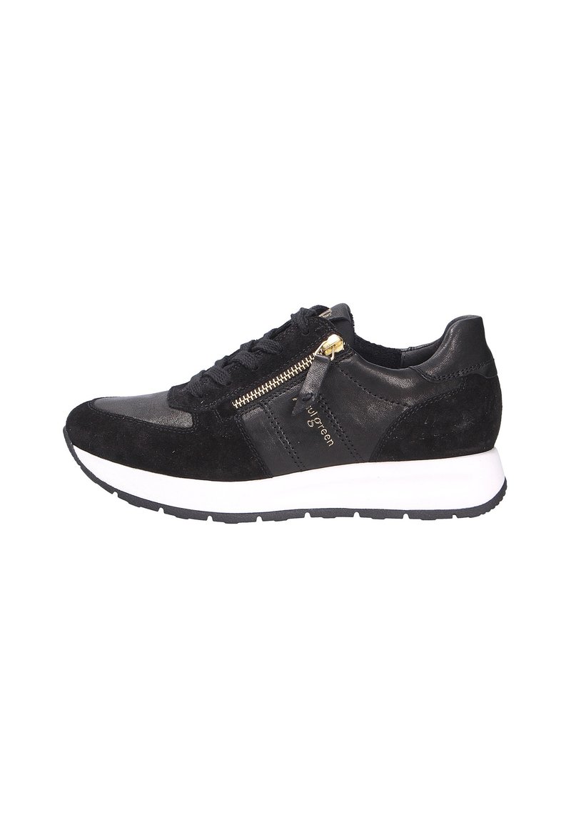 Sneaker nera in pelle e camoscio, con una finitura testurizzata, dettagli in zip dorata e suola bianca con battistrada nera.