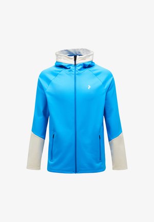 Modrá zipová bunda s kapucí, zdobená světlými šedými akcenty na rukávech a límci. Vyrobena z hladkého, elastického materiálu s kapsami.