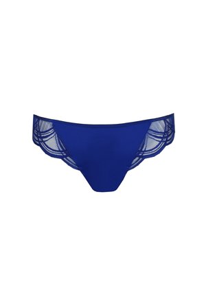 Blauwe lingerie met een gladde voorkant en kanten details aan de zijkanten, met een golvende rand voor extra textuur en design.