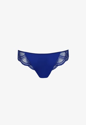 Blauwe lingerie met een gladde voorkant en kanten details aan de zijkanten, met een golvende rand voor extra textuur en design.