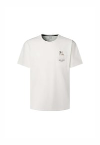 Witte katoenen t-shirt met ronde hals, voorzien van een bulldog illustratie op de zak en de tekst "Pepe Jeans London" eronder.